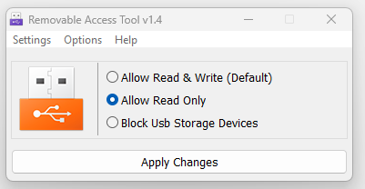 A free software write blocker set to block write access to all removable devices.